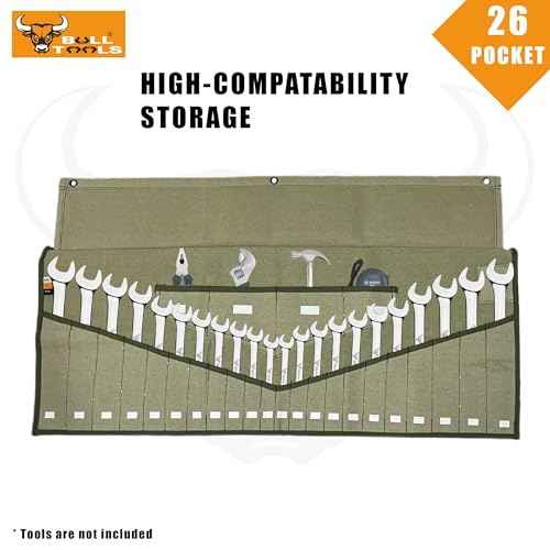 BULL TOOLS Tool Roll Organizer with 26 Pockets for Wrenches, Metric & SAE Durable Cotton Canvas, Roll-Up Tool Pouch for Mechanics, DIYers, & Electricians - Sand Washed Olive Drab (Tools Not Included)