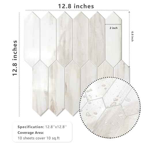 Vamos Tile Glossy Wood Marble Grain Backsplash Tile Peel and Stick, 12.8 x 12.8 Inch 10 Sheets Long Hexagon PVC Self Adhesive Mosaic Wall Tiles Stick on Backsplash for Kitchen and Bathroom
