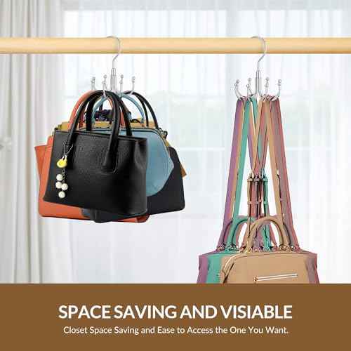 ZEDODIER Purse Hanger Organizer for Closet, Rotatable Sturdy Purses Holder Holds 8 Bags, Metal Space Saving Closet Organizers and Storage, Silver