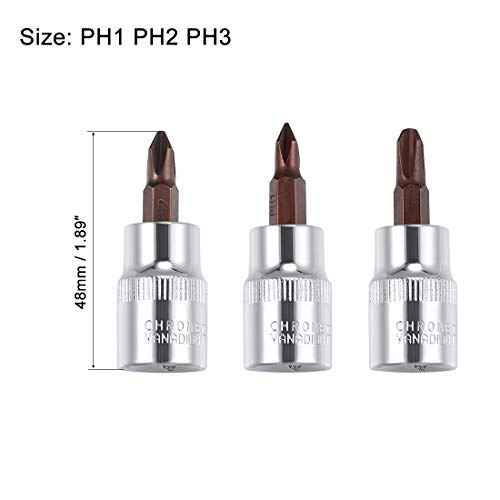 uxcell 3/8" Drive x PH1 - PH3 Phillips Bit Socket Set, S2 Steel Bits, CR-V Sockets 48mm Length (For Hand Use Only)