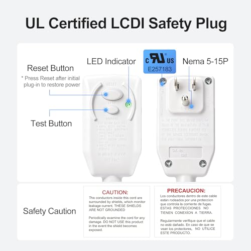 15A 120V LCDI Power Supply Cord with NEMA 5-15P Plug, 7.2 ft Shielded Cable