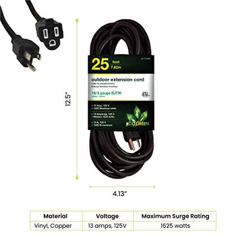 Go Green Power Inc. 16/3 25ft Black Outdoor Extension Cord - Reliable, Heavy Duty - Ideal for Outdoor Tools & Equipment - GG-13725BK