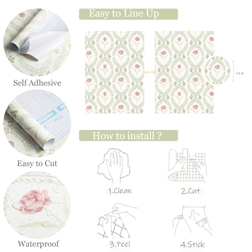 Orainege Floral Peel and Stick Wallpaper 16.9 x 118.1 inches - Green/Pink