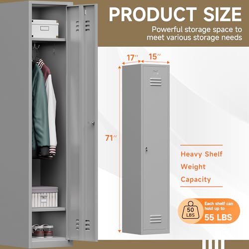 Topass 71-Inch Grey Metal Lockers for Employees, Lockable Steel Storage Cabinet, 1-Door
