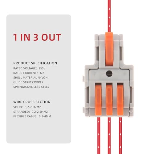 DIANN 10pcs 1 in 3 Out Lever Wire Connectors - Quick Electrical Splices 28-12 AWG