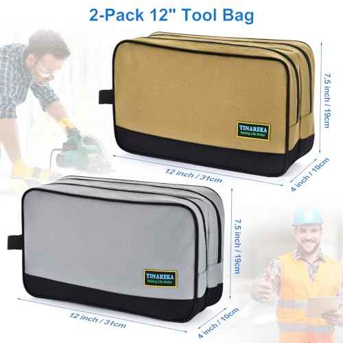 Dual Compartments Tool Bag, 12 Inch Zipper Tool Pouch Set, Utility Multipurpose Storage Organizer Tools Bag with Carrying Handle for Electrician Mechanic, Gift for Men (Grey & Green)