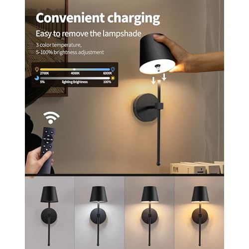 KDG Wireless Wall Sconces Set of 2, Small Cordless 5200mAh Rechargeable Battery LED Wall Lamps, Stepless Dimming Lightings for Wall Painting, Living Room, Bedroom, Hallway, Gifts, Night Light (Black)