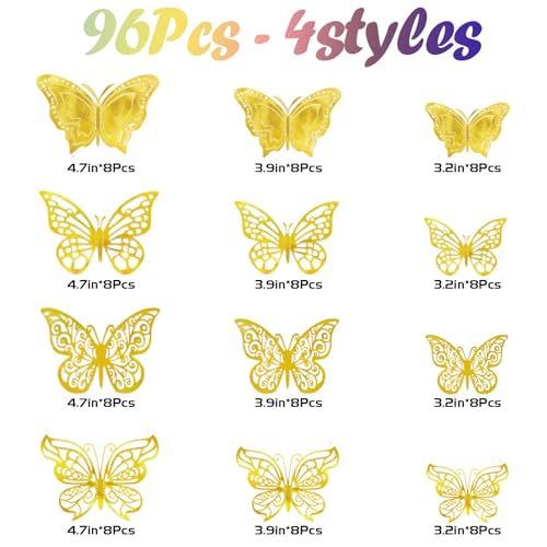 A-Gold 96PCS 3D Butterfly Wall Decor for Cake and Room Decoration
