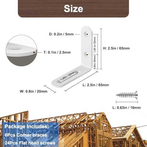 HANFUGA White Stainless Steel Corner Brackets 2.5 Inch, 6 Pack - Heavy Duty Right Angle Supports for Wood Shelves & Cabinets