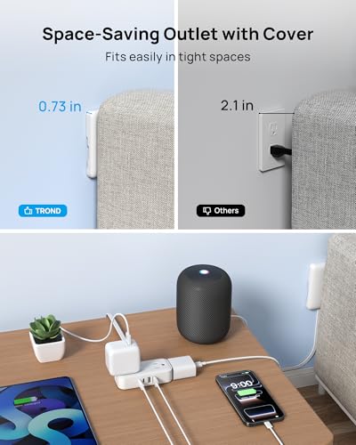 TROND 3ft Flat Extension Cord with Ultra-Thin Outlet Cover, 1250W, White - Includes Wall Mounting