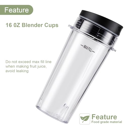 Equust 5-Piece Ninja Blender Cup Replacement 16oz with Lids & 6-Fin Blade