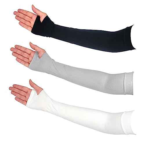 Medsuo 3 Pairs Comfy Arm Sleeves with Thumb Hole Protection Cooling Arm Sleeves 3 Colors Compression Long Women Summer Sun Arm Cover Sleeves Tattoo Cover for Sports Workouts Cycling Driving