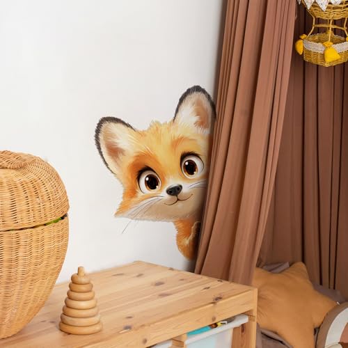 Peekaboo Fox Wall Decals Removable Watercolor Animal Peeking Vinyl Stickers for Nursery Living Room and Kids Playroom Cartoon Decor Peel and Stick Wall Art