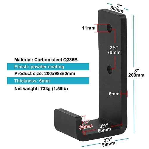 2 Pack 8" Black Steel J Hook, Extra Heavy Duty Wall Mount Utility Hook for Hanging, Garage, Load 330 lbs, 1/4" Thick