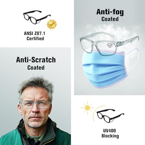 ProtectX Stylish Anti-Fog & Scratch-Resistant Safety Glasses With Readers, UV Protection Goggles, Anti-Impact Lightweight Glasses for Men£¦Women Charcoal Reading 2.5-2 Pack