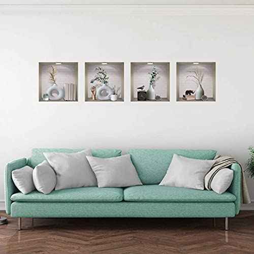 IARTTOP 3D Vase Art Magic Wall Decal, Elegant White Vases Wall Sticker, Vintage Green Plants Decals for Dining Room Bedroom, Creative DIY Botanical Living Room Wall Art Mural, Set of 4 (12¡±x12¡±)