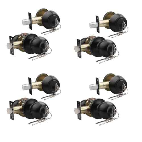 Knobonly Keyed Alike Exterior Door Knob, Round Outdoor Lock with One Sided Deadbolt, Stainless Steel, Matte Black Door Knobs, Black Door Handle Sets, 4 Pack