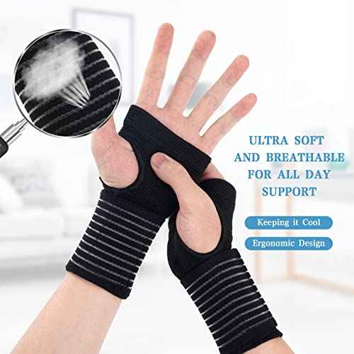 Wrist Brace, 2 Pack Elastic Wrist Support with Strap, Wrist Compression Wrap Adjustable Wrist Strap Relieves Wrist Pain, Tendonitis, Sports Use for Men and Women, Right & Lef(Black)