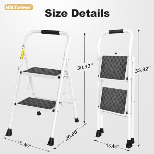 HBTower 2-Step Folding Step Ladder with Wide Anti-Slip Pedal – Support Rod Lock-Free Design