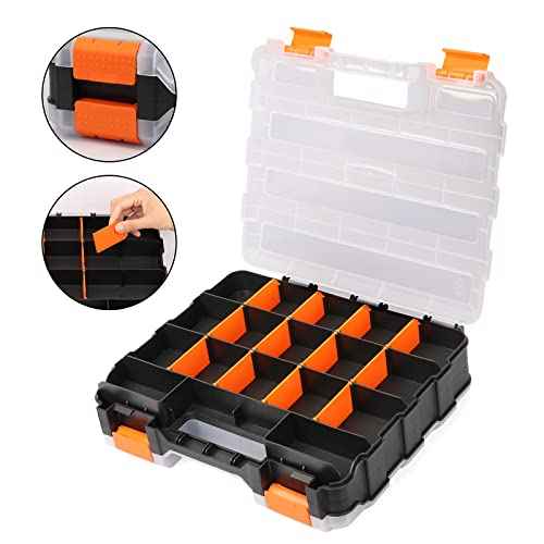 EMENTOL 2PCS Double Side Tool Organizer with Impact Resistant Polymer and Customizable Removable Plastic Dividers, Hardware Box Storage, Excellent for Screws, Nuts, 34-Compartment, Black/Orange