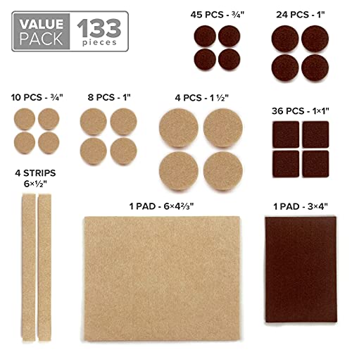 Brown & Beige Felt Furniture Pads 133 pcs – Floor & Chair Leg Protectors, Multiple Sizes