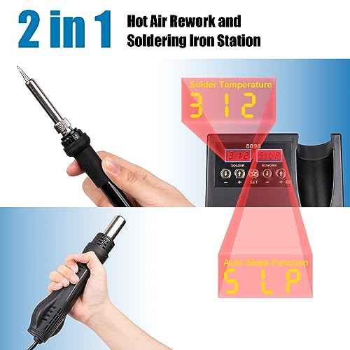 12pcs Soldering Station, 2 in 1 Hot Air Functions Digital Display Soldering Iron Soldering Kit, 8898 Portable SMD Rework Station, ¨¬C/¨¬F Cool/Hot Air Conversion and Auto Sleep