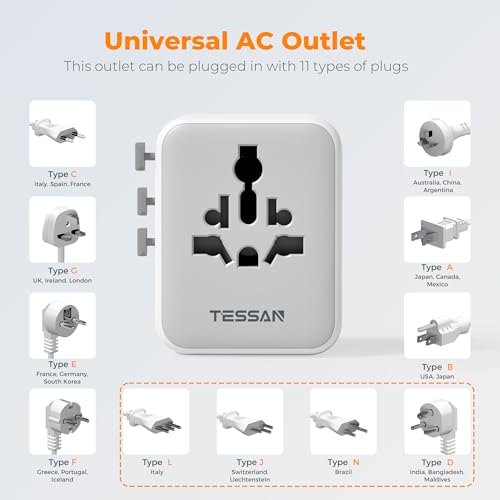 TESSAN Grey White Universal Travel Adapter 28W with USB-C & USB Ports