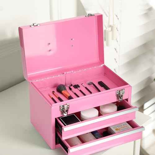 14 Inch Steel Portable Tool Box with drawers - Tool Storage Box Organizer with Metal Latch Closur - Powder Coated Toolbox Chest for Tools Storage Cabinet (PINK)