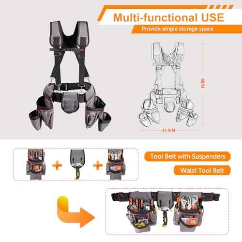 Tool Belt with Suspenders, Professional Tool Belt for Men, 18-Pocket Adjustable Heavy Duty Tool Organizer for Electrician, Carpenter, Framer, Construction Worker, Gray & Orange (32''?66'')