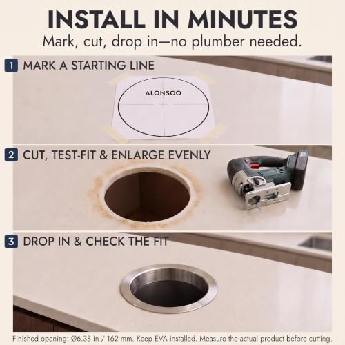 Alonsoo 6.38 in Round Countertop Trash Chute Grommet - Noise-Reducing, 304 Stainless