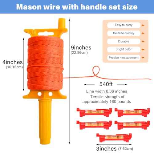 Reloadable Line String with Handle, 18 Braided 540 FT Construction Nylon Line Reel with 5 Built-in Levels for Precision Work, DIY, Surveying and Gardening