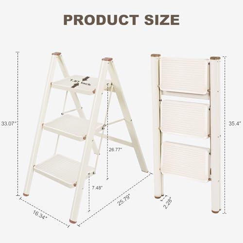 Valeo Cream White 3-Step Foldable Ladder with Wide Anti-Slip Pedals, Supports 330 LBS