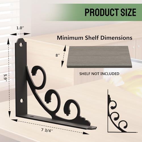 IARTOPS 7.75-inch Heavy Duty Metal L Shelf Brackets for 8-10 Inch Boards, 6 Pack, Black, Rustic Wall Mount DIY Shelving