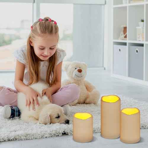 Flameless Candles 4" 5" 6" Set of 3 Ivory Outdoor Indoor Pillars 3" Diameter Battery Operated Flickering Candles Include 10-Key Remote Timer Function 400+ Hours Requires 2 AA Batteries