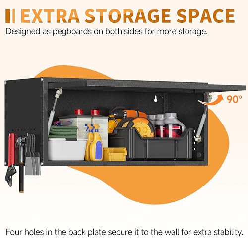 Firstsky 13.8" Black Wall Cabinet with Up-Flip Door, Pegboard Sides, Heavy-Duty Steel Garage Storage