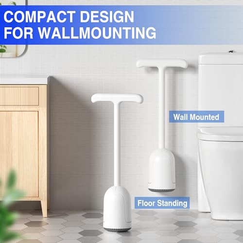 White Wall-Mounted Toilet Plunger with Holder | Upgraded Dual Handle Design