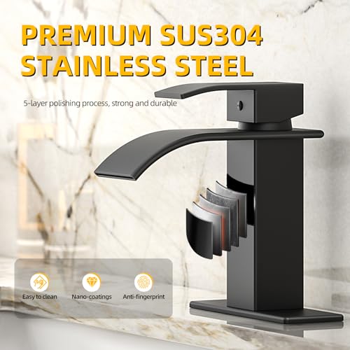 Ryuwanku Waterfall Bathroom Faucet Matte Black Stainless Steel 1-Handle