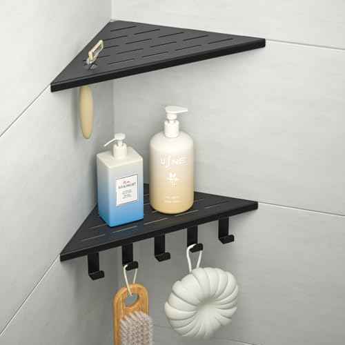 10¡®¡¯ Corner Shower Shelf, 304 Stainless Steel Shelves for Bathroom, Grout in Shelf with Hooks for Tiled Wall (Matte Black)