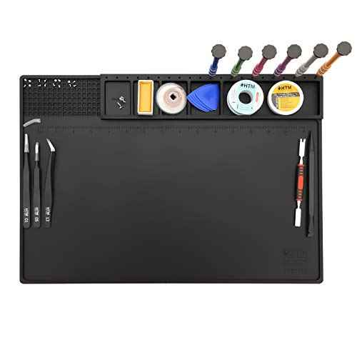 HTM-202 Black Silicone Soldering Mat Heat Resistant Large Magnetic Electronic Repair Work Mat,Expand Work Area for Soldering, Electronics, Computer Repair Etc