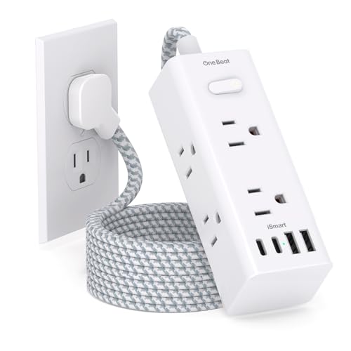 One Beat 5ft Flat Plug Power Strip with Surge Protection, 10 Outlets & USB C - White