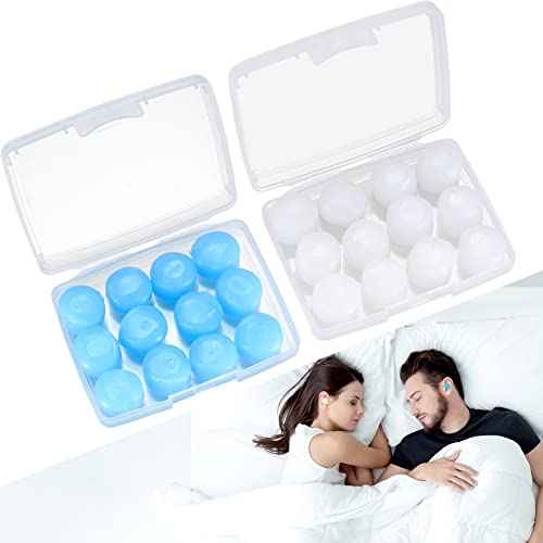 24 Pcs Silicone Ear Plugs for Sleeping, Soft Silicone Earplugs for Sleep, Noise Cancelling Reduction Earplugs for Swimming, Travel, Snoring, Concerts, Airplane, Motorcycle, Musicians, Blue/Clear