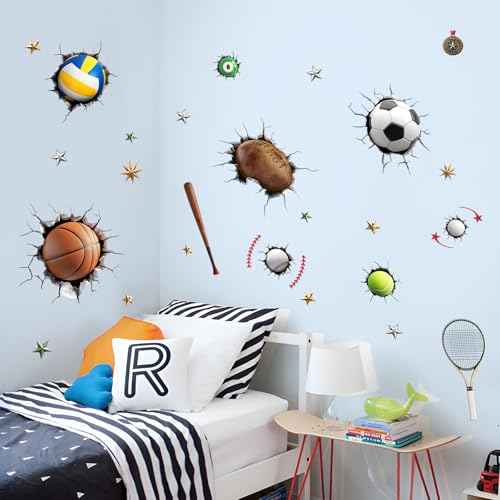 Sports Wall Decals for Boys Room, 3D Sports Basketball Soccer Football Baseball Wall Stickers Art Decor Kids Girls Children Teenage Baby Toddler Bathroom Bedroom Nursery Classroom