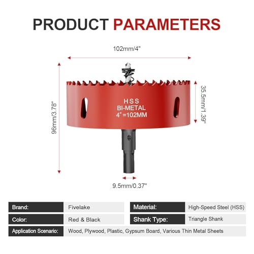 4 Inch (102mm) M42 Bi-Metal Hole Saw, Triangular Shank Hole Saw Drill Bit with Spring Tools for Wood, Plywood, Plastic, Gypsum Board, Various Thin Metal Sheets