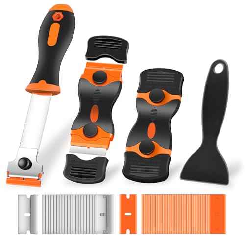 4 Pack Razor Blade Scraper, Premium Cleaning Scraper Tool with 50 PCS Metal & Plastic Razor Blades, Multi-Purpose Glass Scraper for Windows, Sticker, Decals, Cooktop, Paint Removal (Orange)