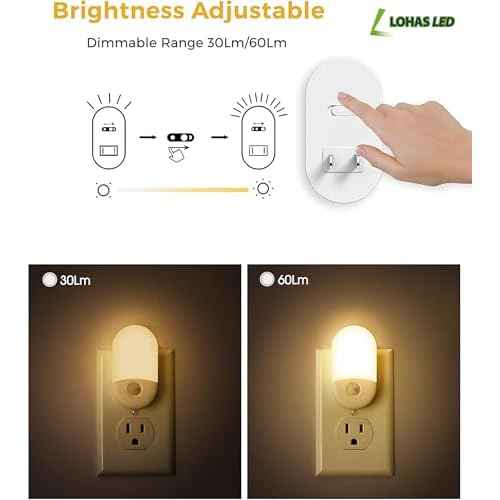 L LOHAS LED Motion Sensor Night Light, 2Pack, Motion Activated Night Light, Night Lights Plug into Wall Motion Sensor, 3000K Warm White, Adjustable Brightness 30/60LM, for Kids Adults Bathroom Bedroom