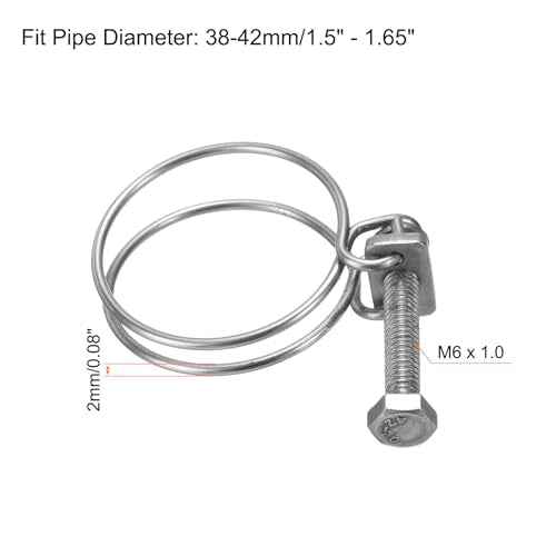 uxcell 6Pcs Double Wire Hose Clamp, 38-42mm Adjustable Stainless Steel Wire Hose Clips with M6 Bolt for Dust Collection Hose, Pump Hose Pipe
