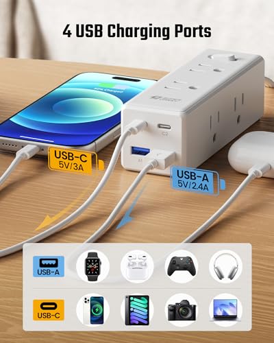 Superdanny 15ft Flat Plug Extension Cord with 10 Outlets & USB Ports - White