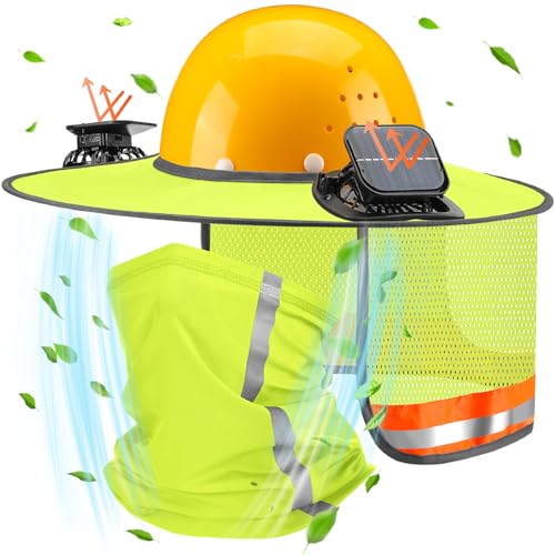 1 Set Sun Hard Hat Shade Full Brim Hard Hat Sun Visor with Solar Fans and Neck Sunshade Cover High Visibility Full Brim Mesh with Reflective Strip, Summer Protection Accessories(Fluorescent Yellow)