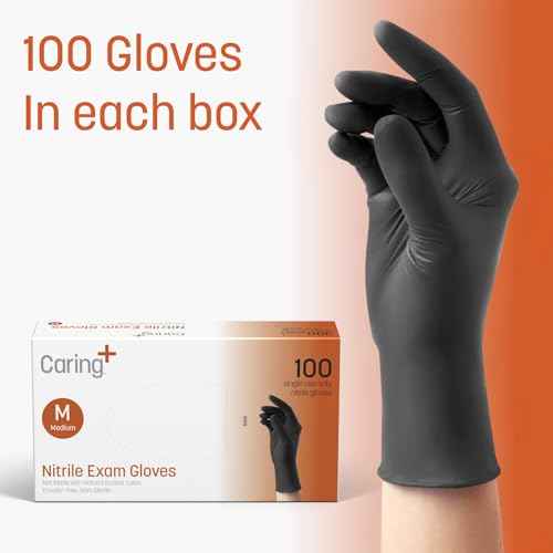 Caring Black Nitrile Exam Gloves, 100 Count, Powder Free and Not Made with Rubber Latex, for Medical Use, Cleaning, Food Prep