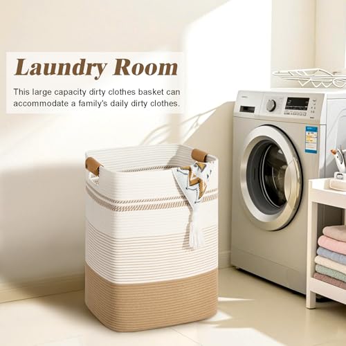 85L Jute & White Laundry Hamper with Leather Handles – Tall Rectangle Cotton Rope Storage Basket